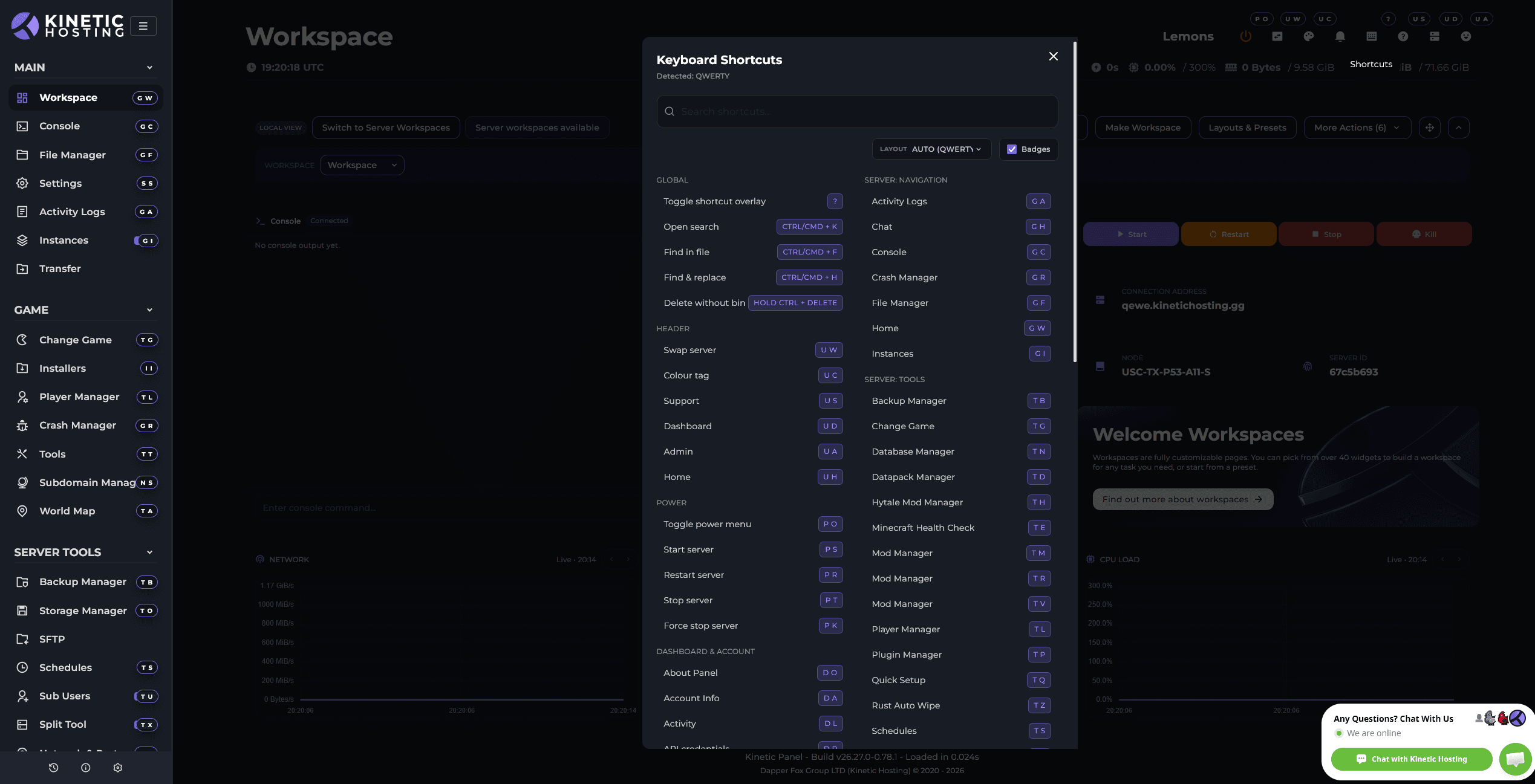 Kinetic Panel showing keyboard shortcut badges and the keyboard shortcuts window