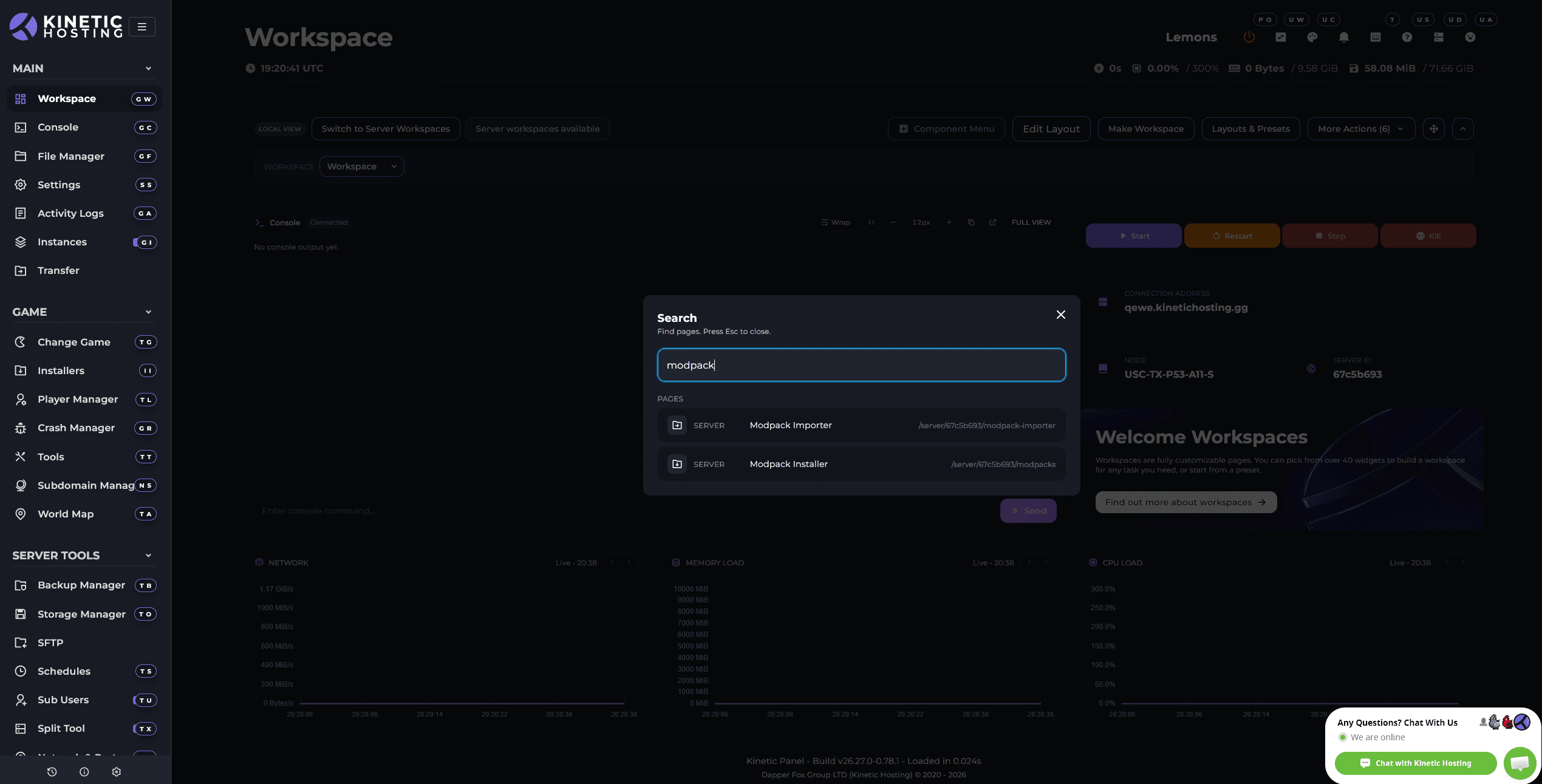 Kinetic Panel search finding modpack management pages