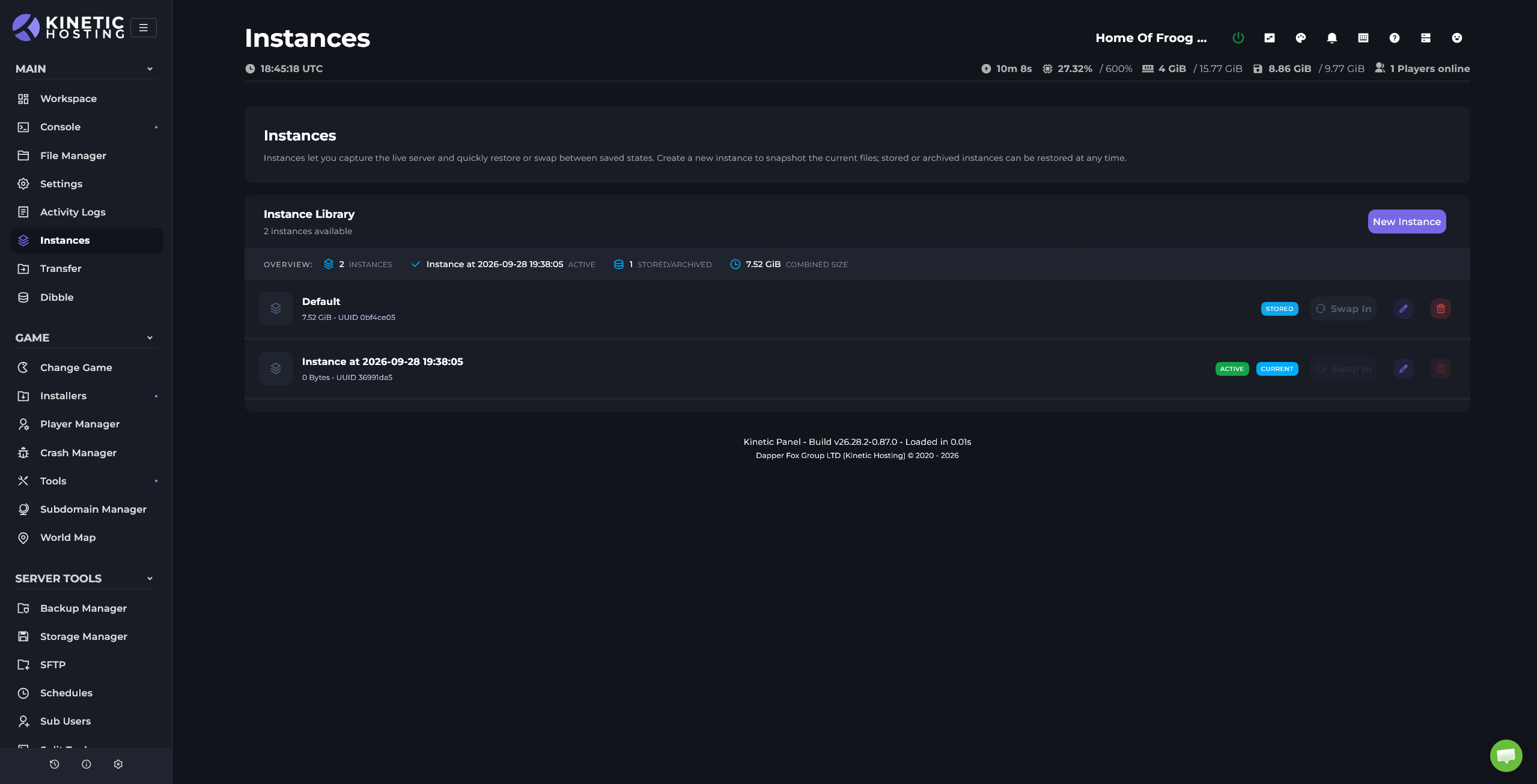 Kinetic Panel's instances screen for managing separate server setups