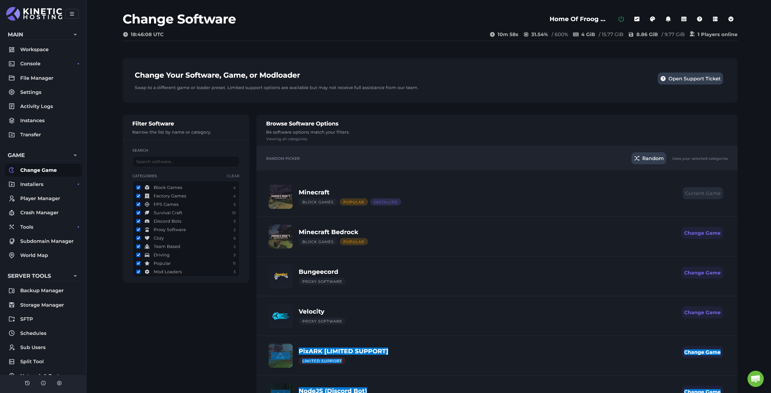 The Kinetic Panel game selector for changing a server's game