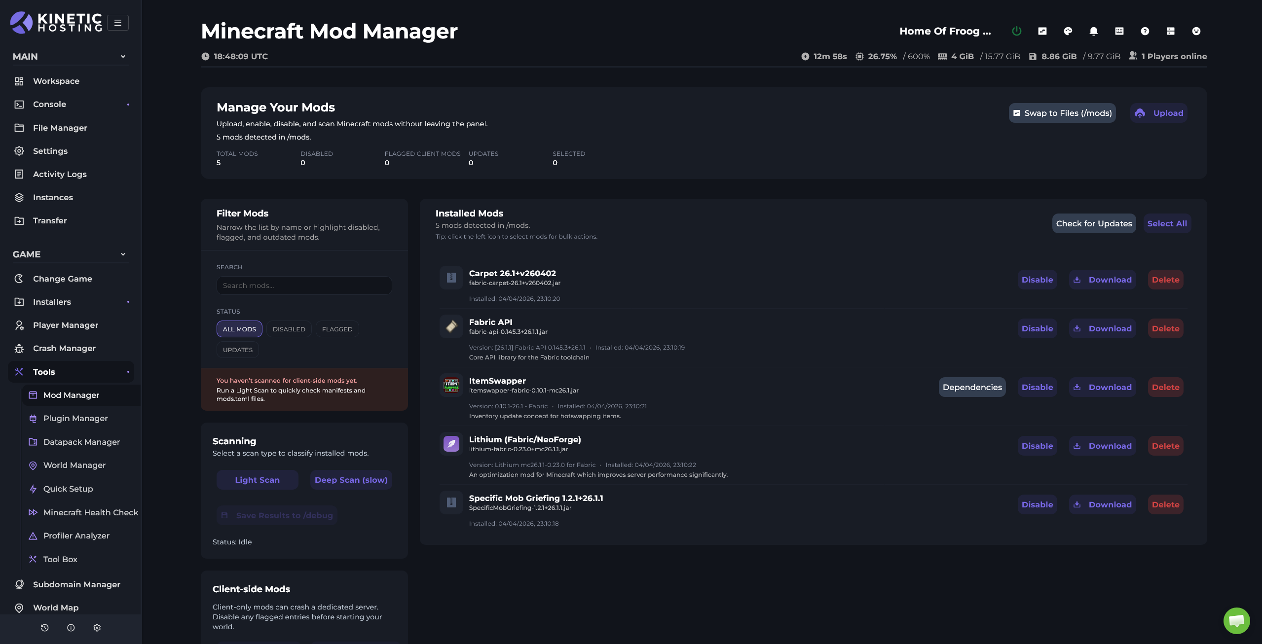 Kinetic Panel's mod manager for managing installed server mods