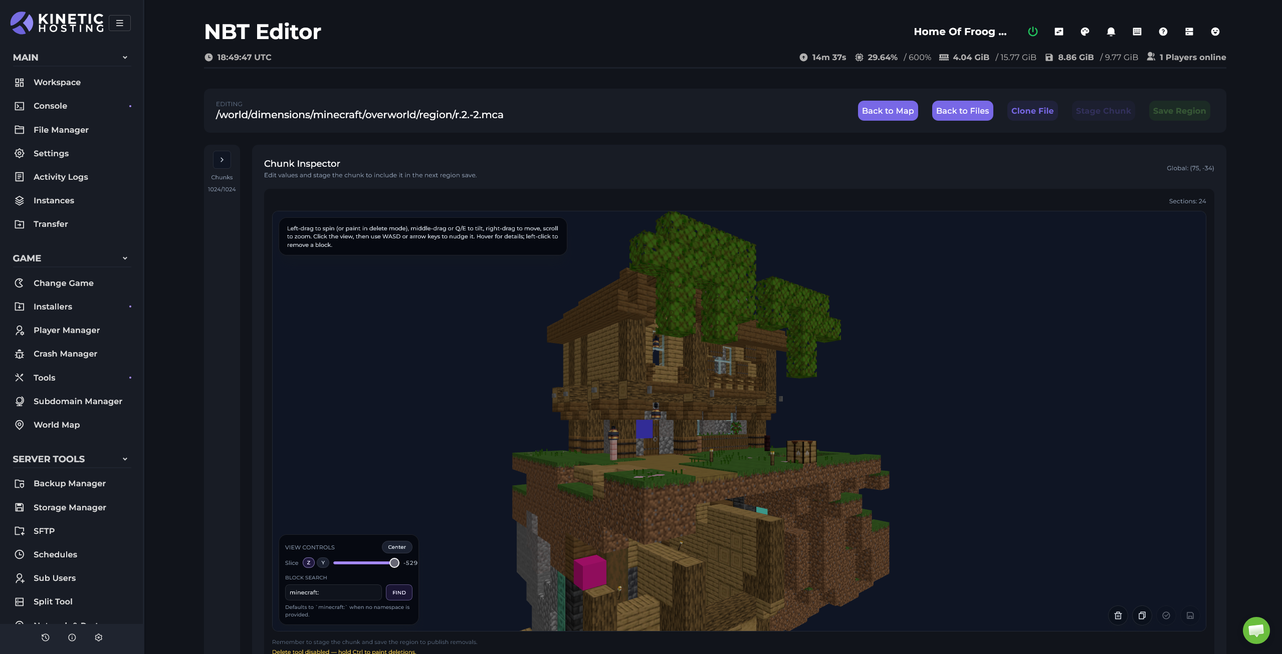 Kinetic Panel's 3D Chunk View showing a Minecraft build, block search, and slice controls