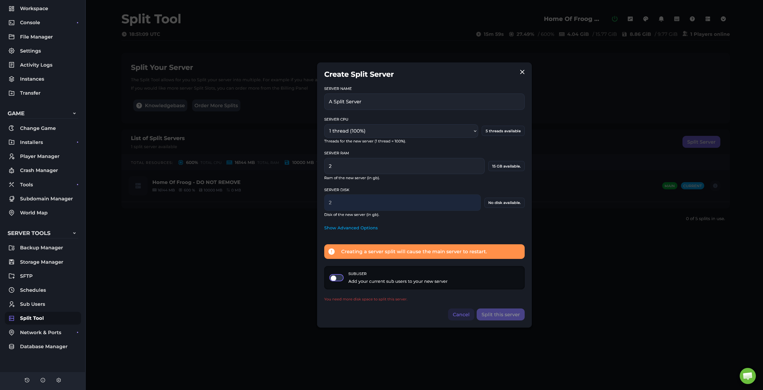 Kinetic Panel's split server form with CPU and memory allocation controls
