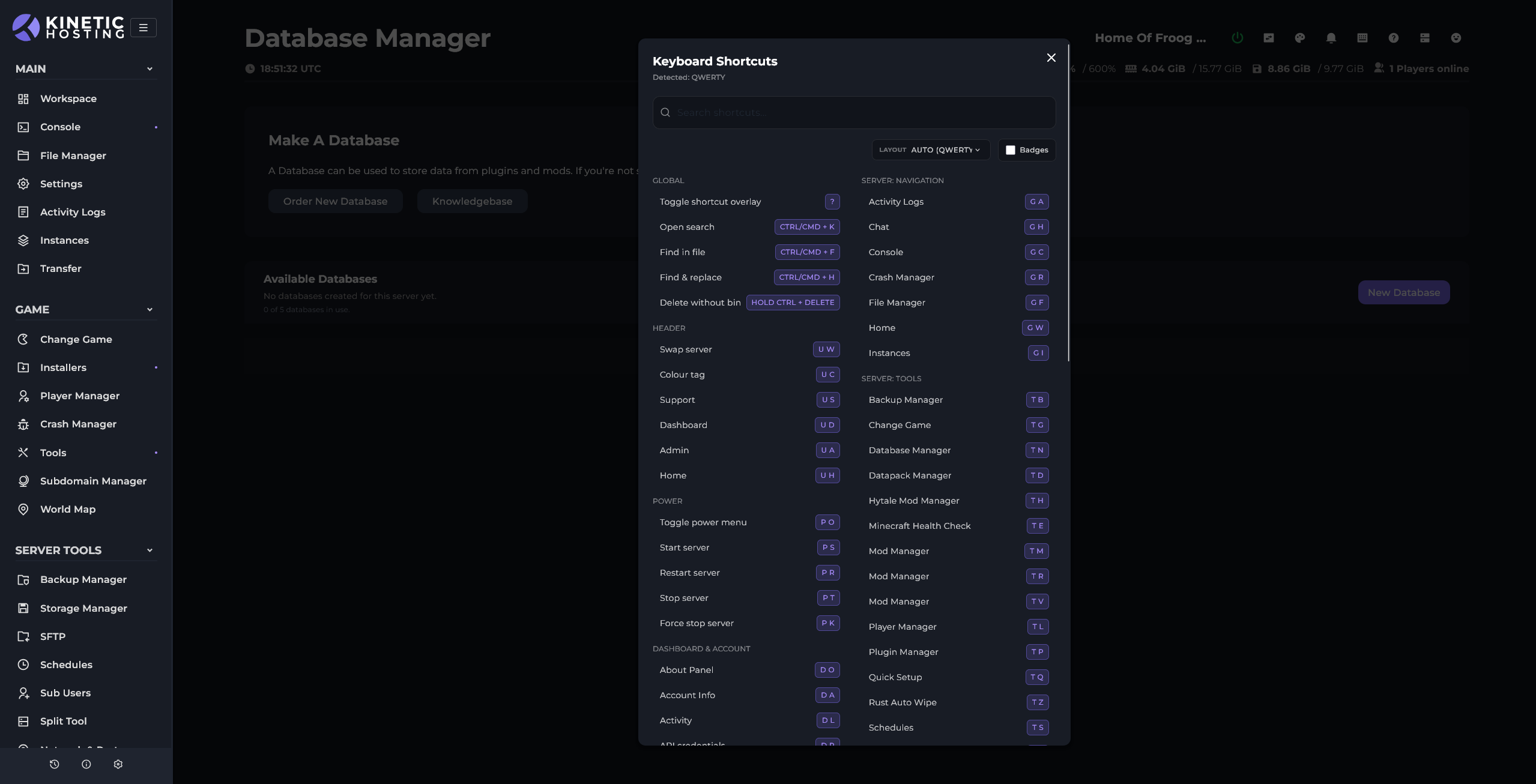 Kinetic Panel's keyboard shortcuts menu
